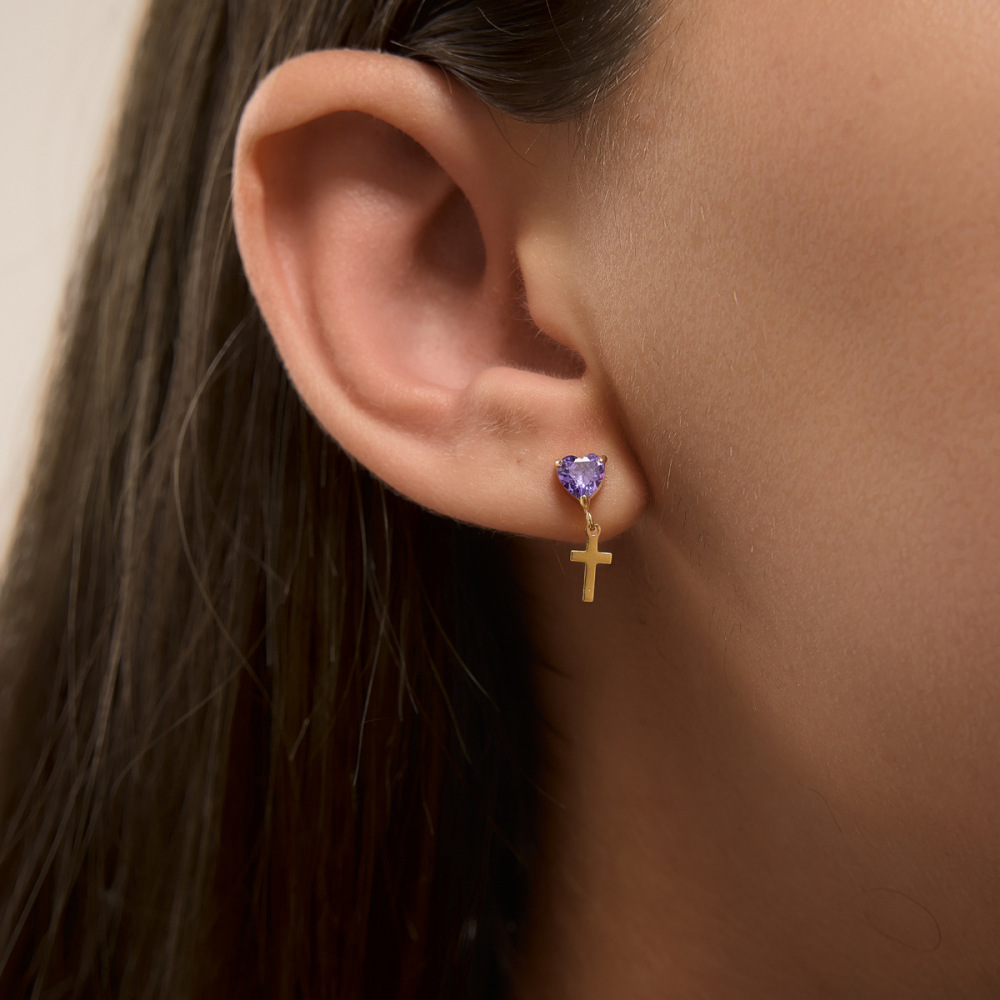 Boucles D'Oreilles Pendantes Pour Femme, Style Trèfle, En Acier Inoxydable, Couleur Or, Avec Zircon Et Croix, Collection Simple Series Cute. Image4