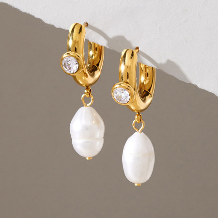 Boucles D'Oreilles Pendantes Élégantes Pour Femme, En Acier Inoxydable Doré, Imperméables, Avec Zircon Et Perles D'Eau Douce, Forme Elliptique.