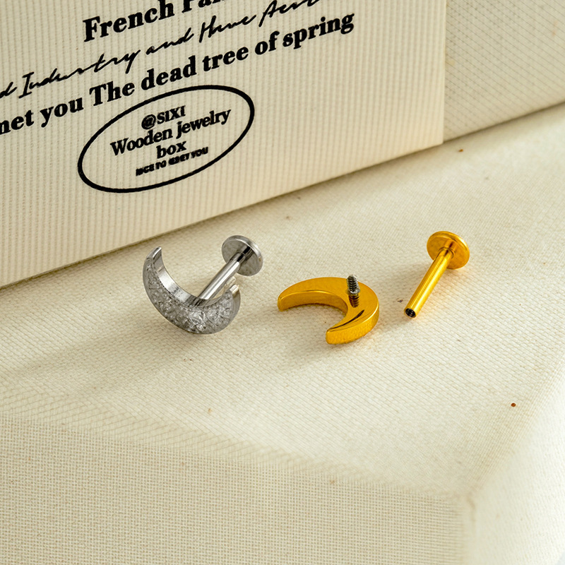 Boucles D'Oreilles Piercing Pour Femmes, Série Simple Moon, En Alliage De Titane Couleur Or Et Zircon. Image2