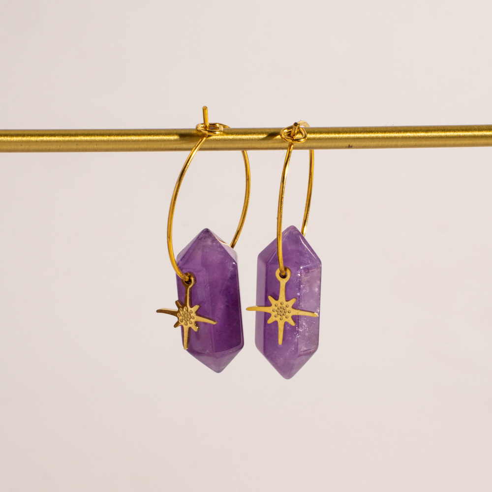 Boucles D'Oreilles Pendantes Pour Femme, Style Bohème Ethnique, En Acier Inoxydable, Couleur Or, En Forme De Soleil Et D'Étoile, Avec Pierre Naturelle. Design Ethnique. h5Image4