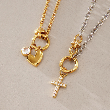 Colliers Pendentifs Romantiques Et Élégants En Forme De Cœur Et De Croix, En Acier Inoxydable Étanche, Couleur Or Et Zircon, Pour Femmes.