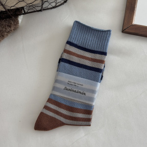 Chaussettes Mi-Mollet À Rayures Basiques Et Contraste De Couleurs Pour Femmes, Légèrement Rebondissantes h5 