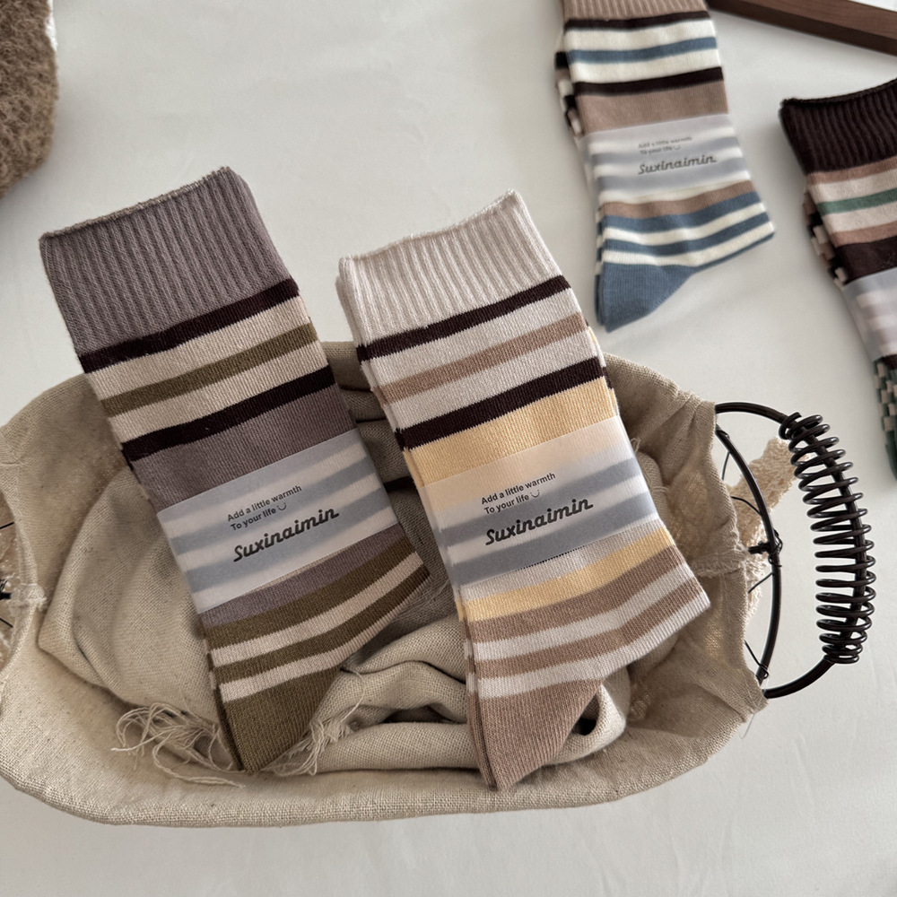 Chaussettes Mi-Mollet À Rayures Basiques Et Contraste De Couleurs Pour Femmes, Légèrement Rebondissantes Image2