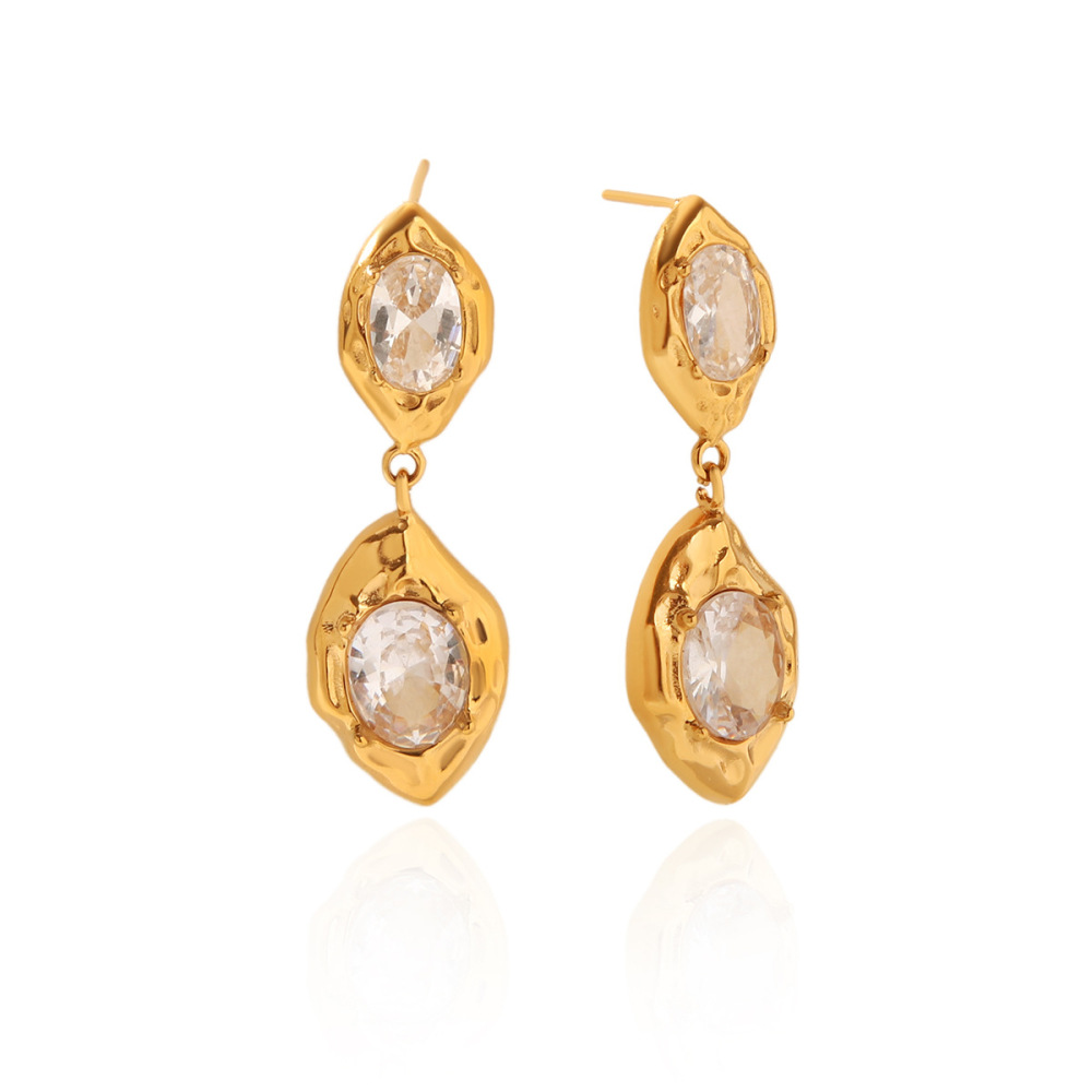 Boucles D'Oreilles Puces Pour Femmes Simple Series Daily Droplet En Acier Inoxydable Étanche Couleur Or Et Zircon h5Image8
