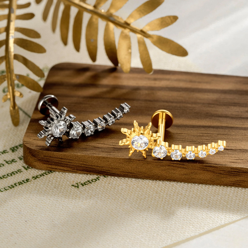 Boucles D'Oreilles Piercing Pour Femme, Forme Géométrique Simple, Alliage De Titane, Couleur Or, Zircon. Image4