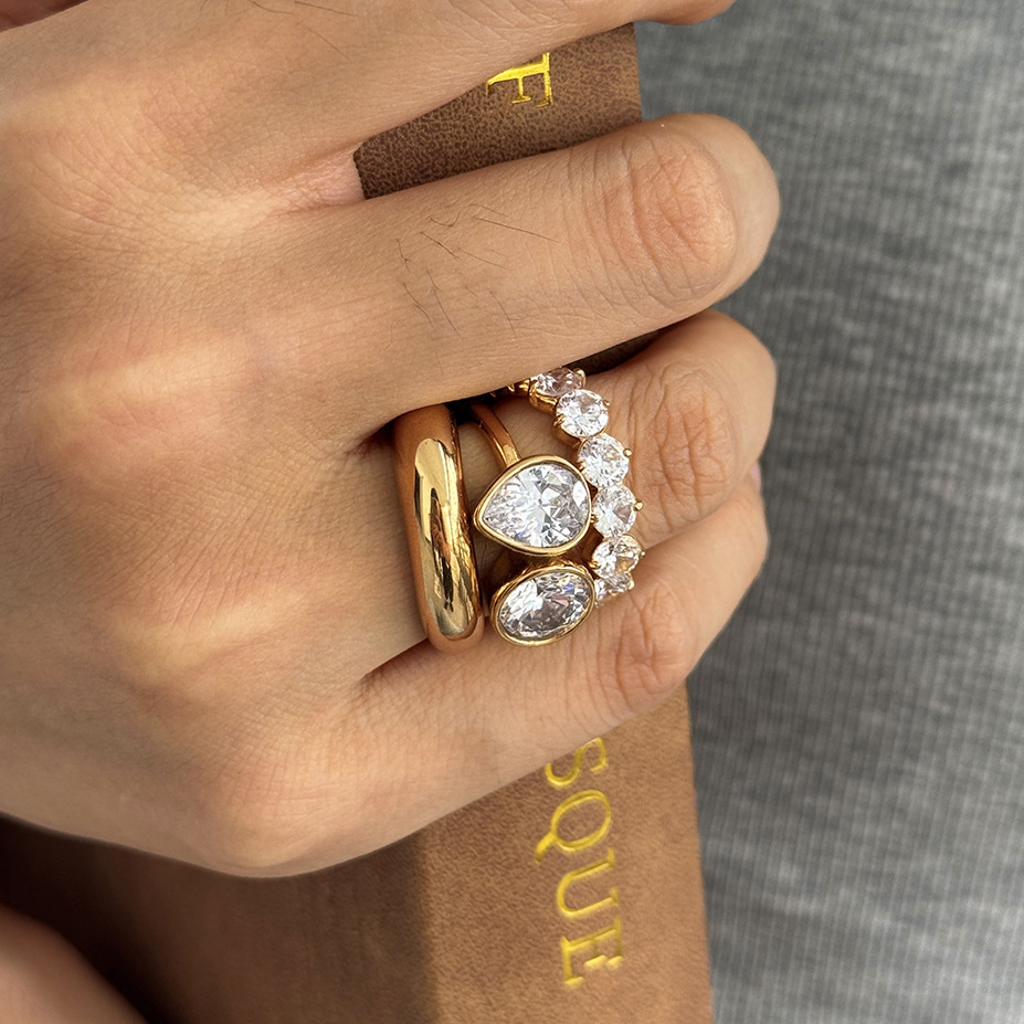 Bagues Pour Femmes En Acier Inoxydable Doré, Étanches, De Forme Elliptique Et Serties De Zircon, Collection De Luxe Image3