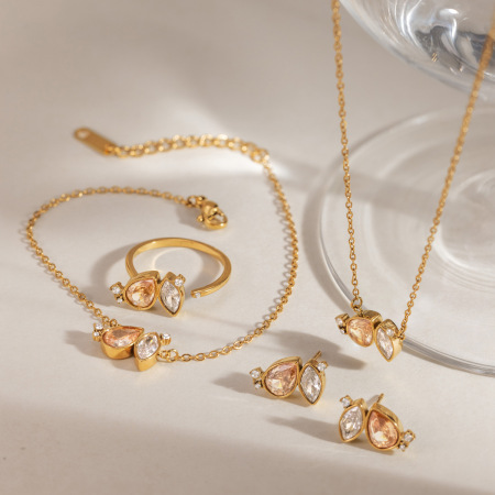 Ensembles De Colliers Pour Femmes En Acier Inoxydable Imperméable, En Forme De Goutte Et D'Ellipse, Couleur Or, Avec Zircon.