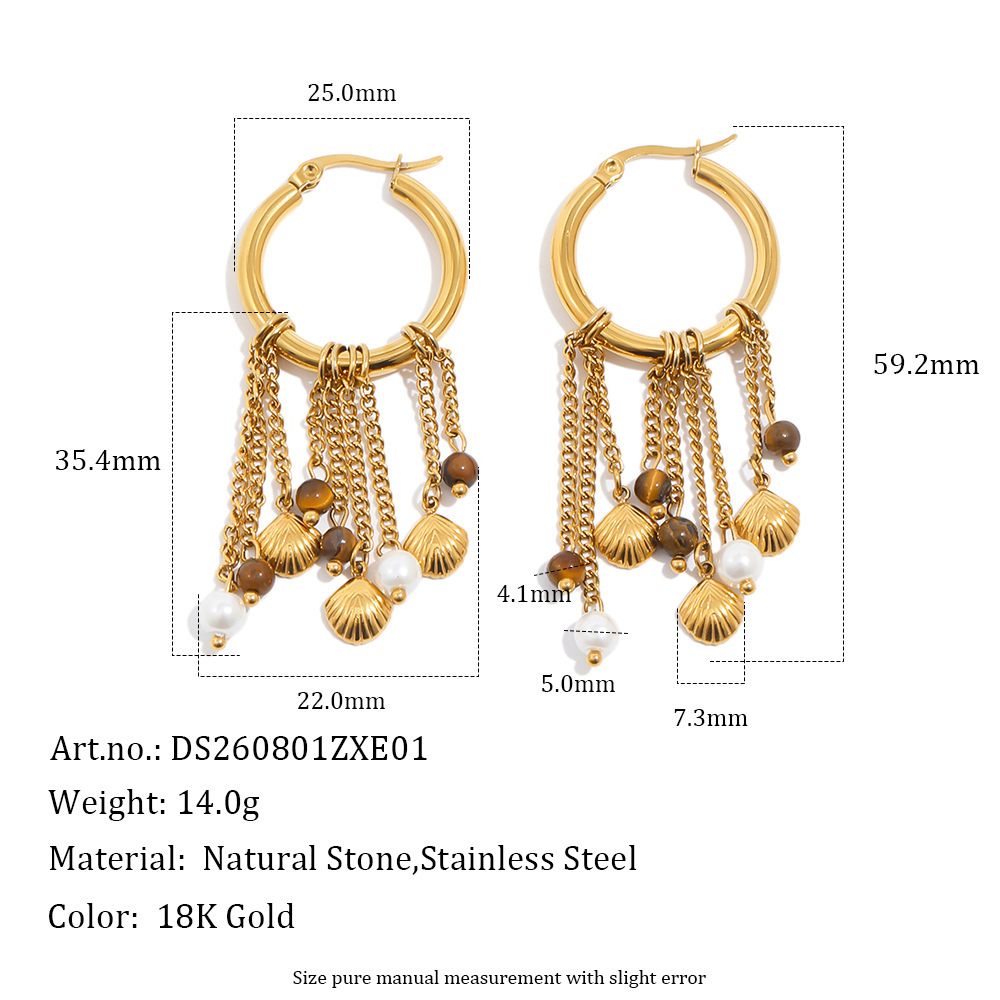 Boucles D'Oreilles Pendantes Retrotassel En Acier Inoxydable Étanche Et Pierre Naturelle Pour Femmes 