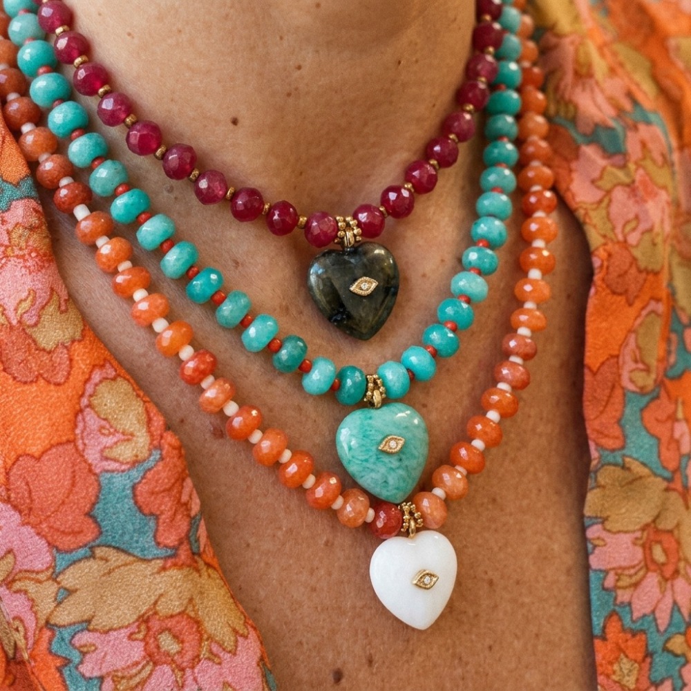 Colliers De Perles Rétro En Forme De Cœur, En Acier Inoxydable, Imperméables Et En Pierre Naturelle Pour Femmes, Collection Simple Image3