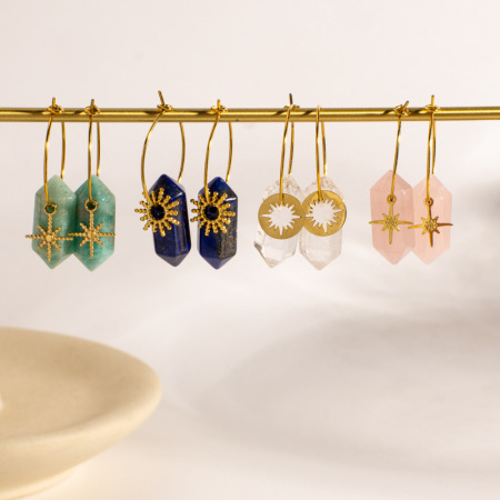 Boucles D'Oreilles Pendantes Pour Femme, Style Bohème Ethnique, En Acier Inoxydable, Couleur Or, En Forme De Soleil Et D'Étoile, Avec Pierre Naturelle. Design Ethnique.