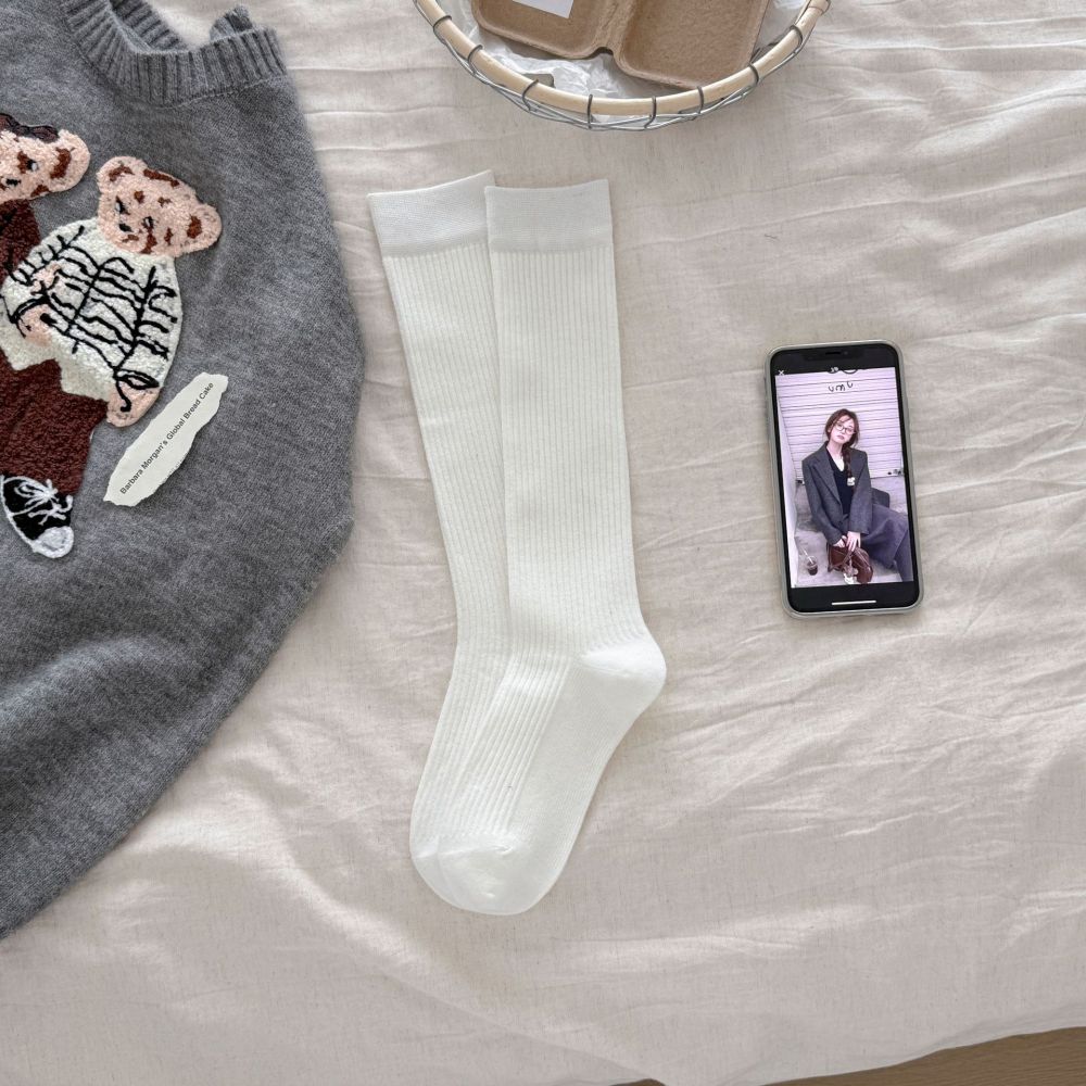 Chaussettes Mi-Mollet Basiques Pour Femmes, Légèrement Rebondissantes, De Couleur Unie 