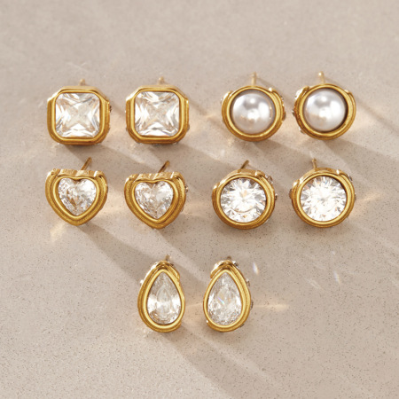 Boucles D'Oreilles Puces Pour Femmes, Forme Géométrique En Forme De Cœur, En Acier Inoxydable Étanche, Couleur Or Et Zircon.