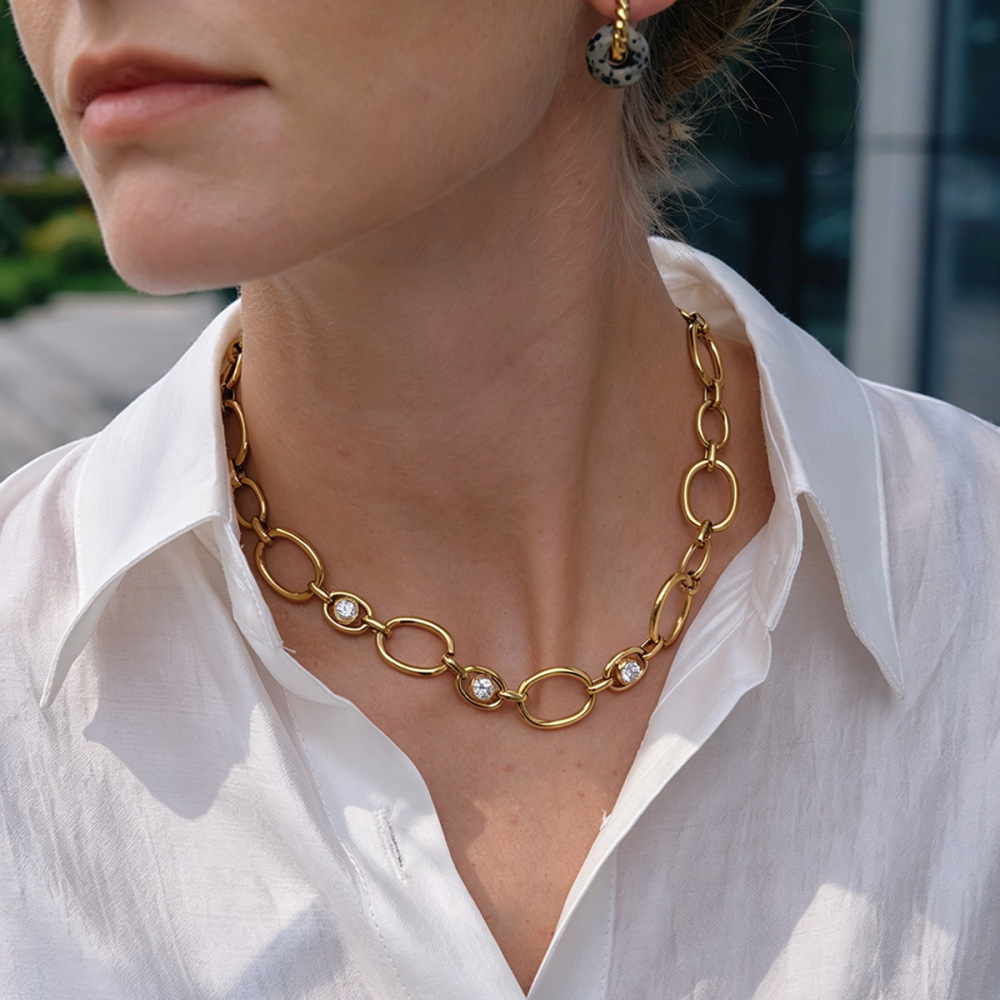 Ensembles De Colliers Pour Femmes En Acier Inoxydable, Chaîne Simple, Étanche, Couleur Or Et Zircon. Image2