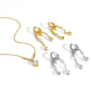 Ensembles De Colliers Pour Femmes En Acier Inoxydable Imperméable De Forme Géométrique, Couleur Or Et Strass h5 Image3