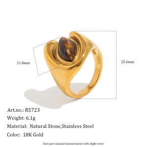Bague Pour Femme En Acier Inoxydable, Pierre Naturelle De Forme Elliptique, Couleur Or, Étanche. h5 