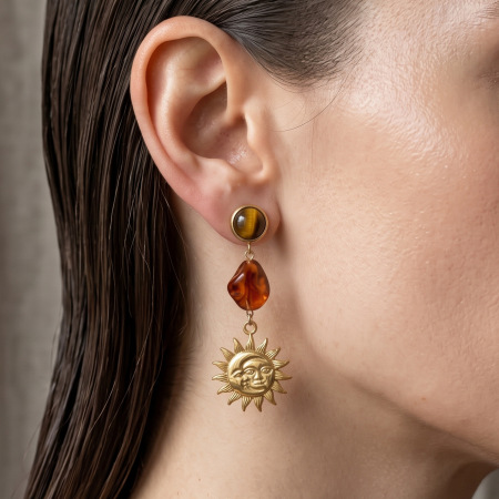 Boucles D'Oreilles Pendantes Pour Femmes, Collection Classique Daily Sun, En Acier Inoxydable Doré Et Acrylique À Dégradé De Couleurs.