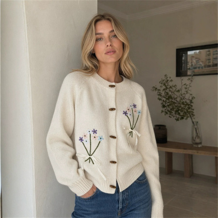 Cardigan Ample En Maille Brodée À Imprimé Floral Rétro