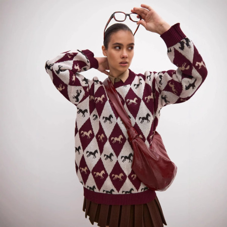 Pull En Maille À Col Rond Décontracté, Coupe Ample Et Color-Block, Motif Poney