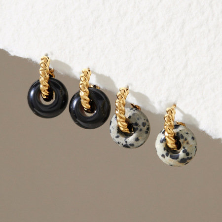 Boucles D'Oreilles Créoles Élégantes En Acier Inoxydable Doré, Imperméables, Avec Pierres Naturelles, Collection Classique
