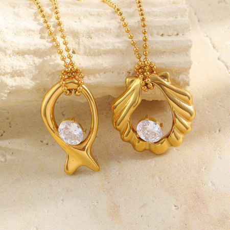 Colliers Pendentifs Pour Femmes En Acier Inoxydable Étanche, En Forme De Coquillage, Couleur Or Et Zircon