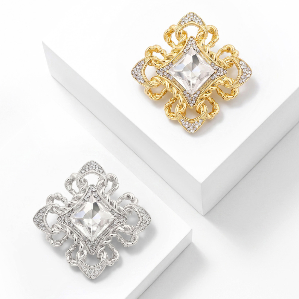 Broches De Luxe Rétro En Métal, Forme Géométrique Unie, Strass Et Pierres Précieuses Artificielles h5Image2