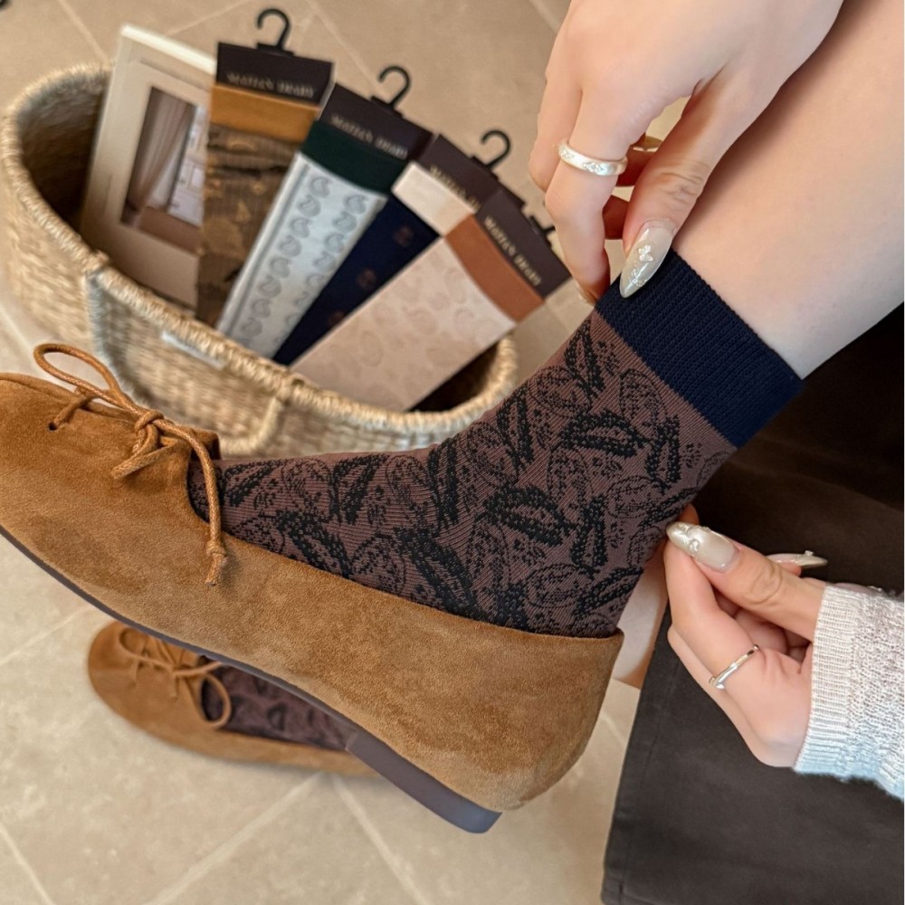 Chaussettes Mi-Mollet Pour Femmes, Imprimé Floral Ethnique, Motif Cachemire, Couleurs Contrastées h5Image3