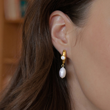 Boucles D'Oreilles Pendantes Élégantes Pour Femme, En Acier Inoxydable Doré, Imperméables, Avec Zircon Et Perles D'Eau Douce, Forme Elliptique. 2