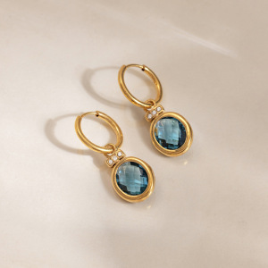 Boucles D'Oreilles Pendantes Pour Femme, Forme Elliptique Simple, En Acier Inoxydable, Couleur Or, Imperméables, Avec Cristaux. h5 Image3
