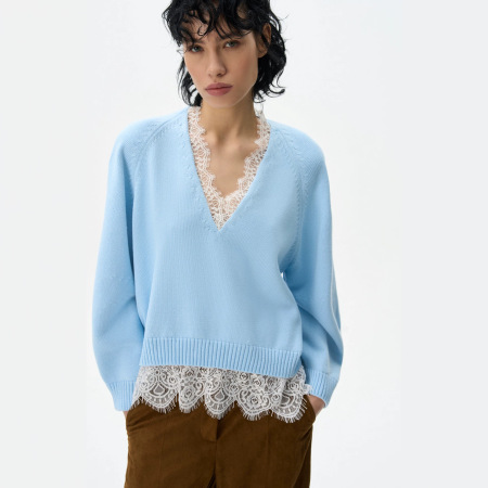 Pull Élégant En Maille Classique À Empiècement En Dentelle Unie
