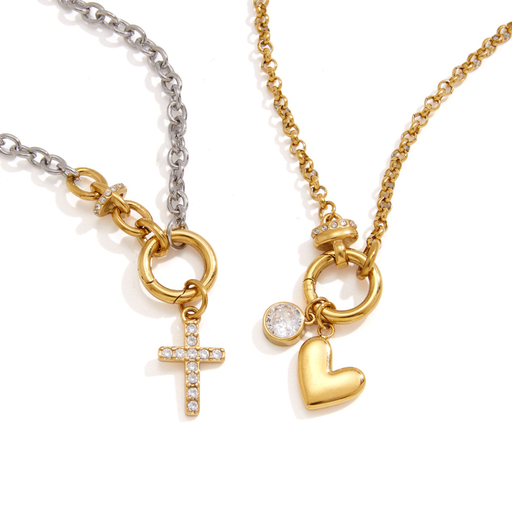 Colliers Pendentifs Romantiques Et Élégants En Forme De Cœur Et De Croix, En Acier Inoxydable Étanche, Couleur Or Et Zircon, Pour Femmes. h5Image5