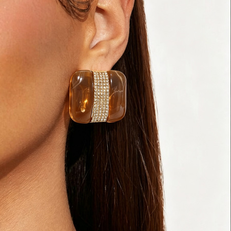 Boucles D'Oreilles Puces Rétro Rectangulaires En Résine Et Strass Pour Femmes, Collection Classique 2