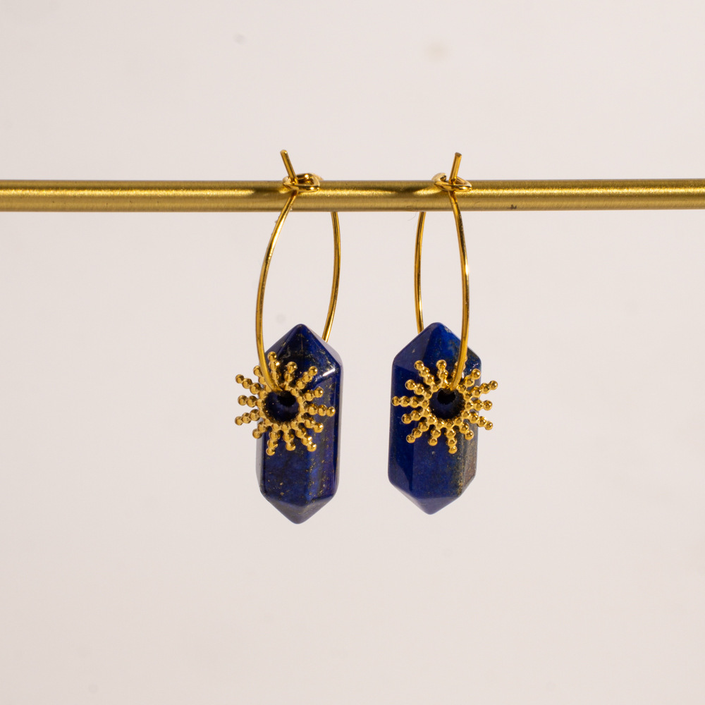 Boucles D'Oreilles Pendantes Pour Femme, Style Bohème Ethnique, En Acier Inoxydable, Couleur Or, En Forme De Soleil Et D'Étoile, Avec Pierre Naturelle. Design Ethnique. h5Image3