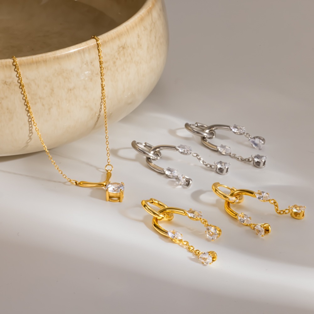 Ensembles De Colliers Pour Femmes En Acier Inoxydable Imperméable De Forme Géométrique, Couleur Or Et Strass h5Image2