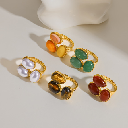 Bagues De Luxe Rétro En Forme D'Ellipse, En Acier Inoxydable Étanche, Couleur Or, Avec Pierre Naturelle Et Perle Artificielle.