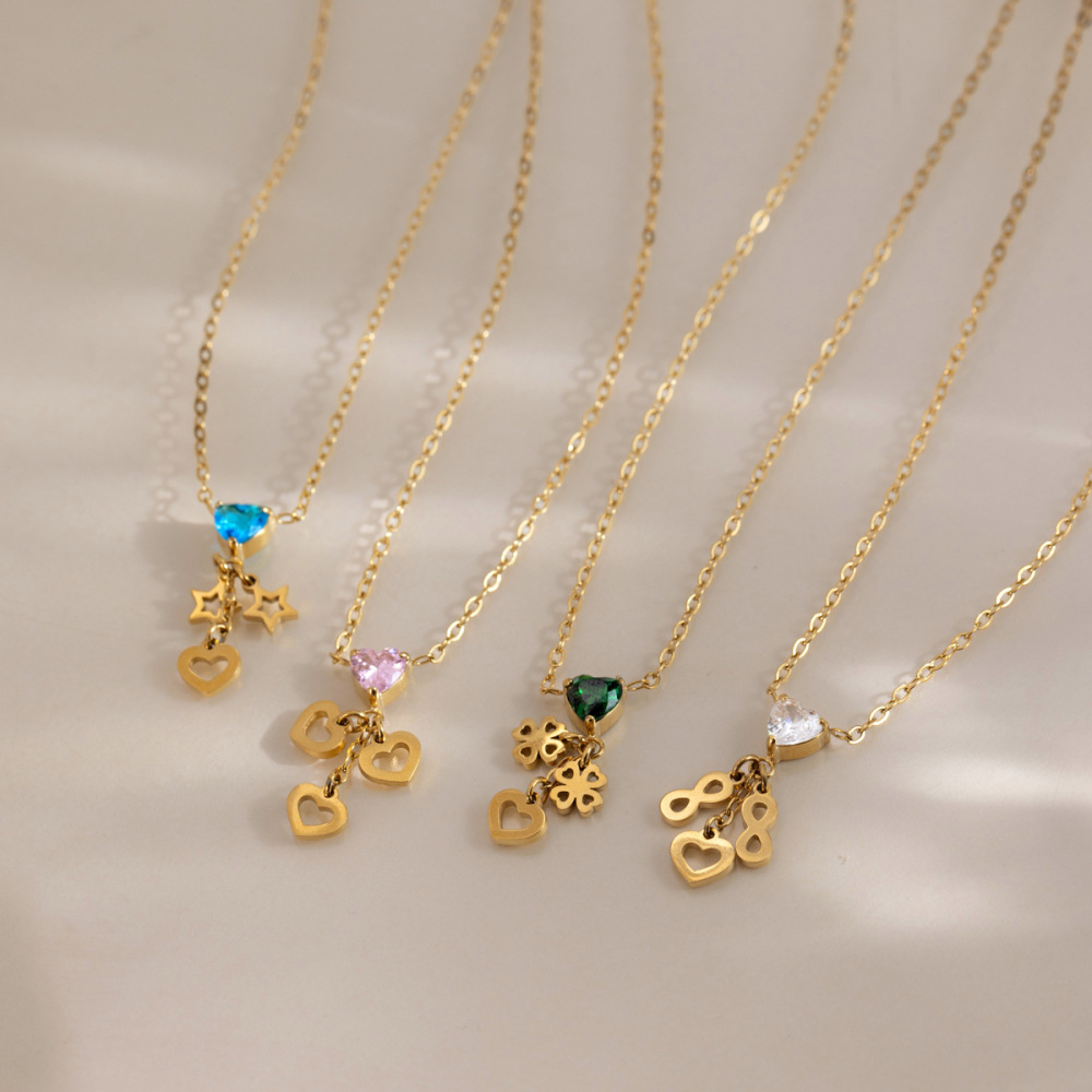Colliers Pendentifs Pour Femmes, Collection Romantique, En Forme De Cœur Et De Trèfle, En Acier Inoxydable Étanche, Couleur Or Image2