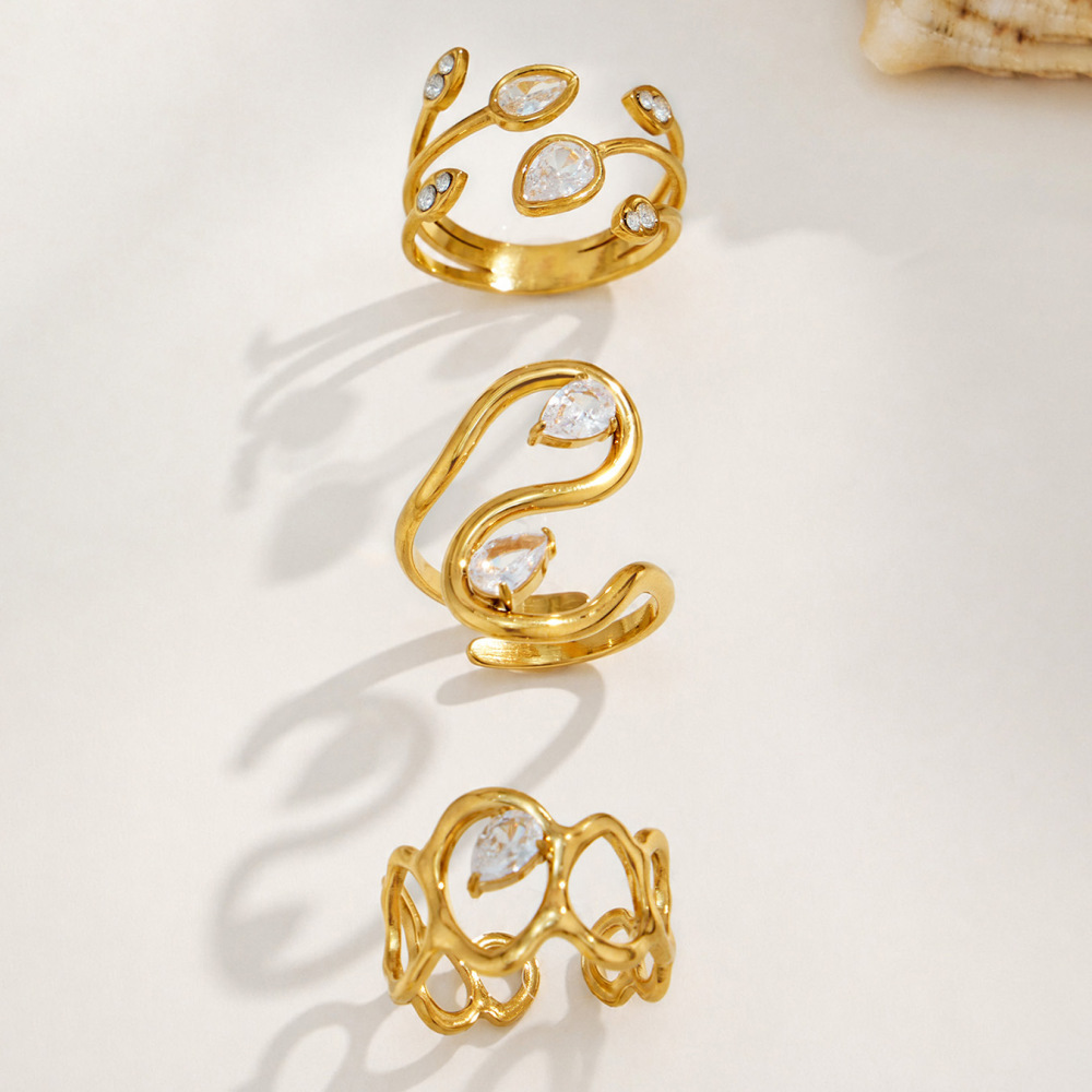 Bagues Pour Femmes En Acier Inoxydable Doré, Étanches, De Forme Irrégulière Et Ornées De Zircon, Collection Luxueuse. Image3