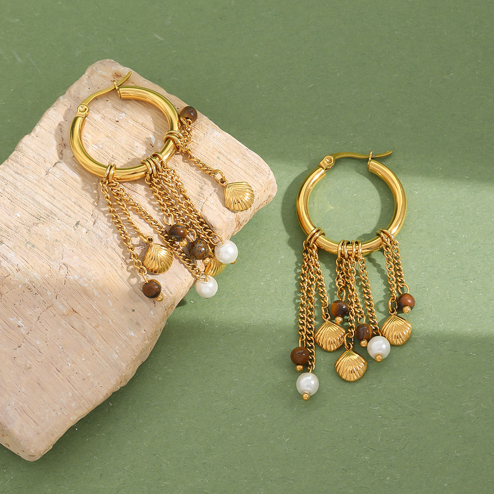 Boucles D'Oreilles Pendantes Retrotassel En Acier Inoxydable Étanche Et Pierre Naturelle Pour Femmes Image3