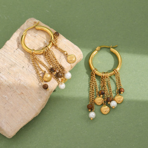 Boucles D'Oreilles Pendantes Retrotassel En Acier Inoxydable Étanche Et Pierre Naturelle Pour Femmes h5 Image3