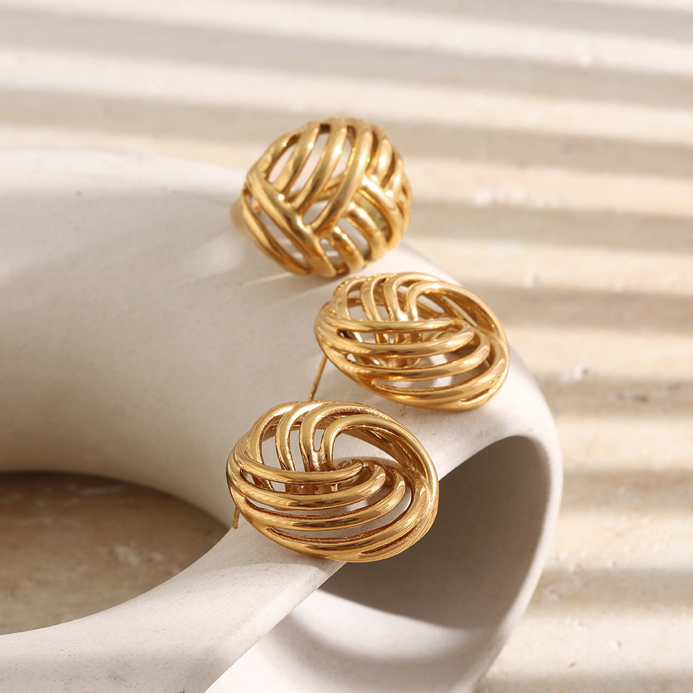 Boucles D'Oreilles Puces Pour Femmes En Acier Inoxydable Ajouré, Étanches, Couleur Or Image3