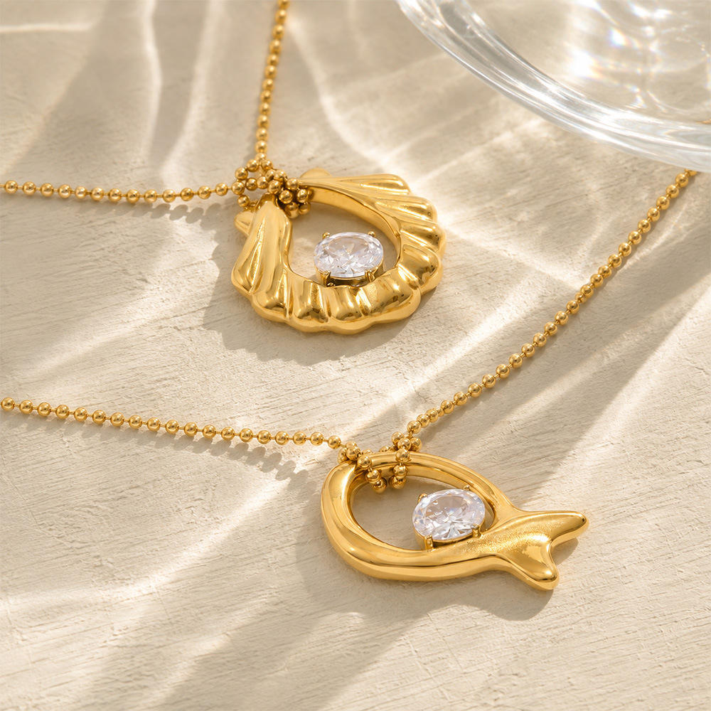 Colliers Pendentifs Pour Femmes En Acier Inoxydable Étanche, En Forme De Coquillage, Couleur Or Et Zircon Image3