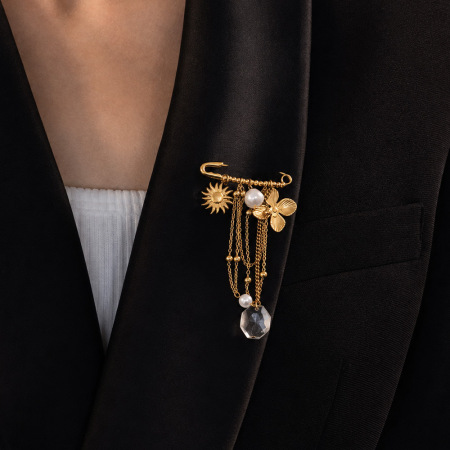 Broches Rétro En Acier Inoxydable Doré Avec Pompon En Forme De Cœur Et De Fleur