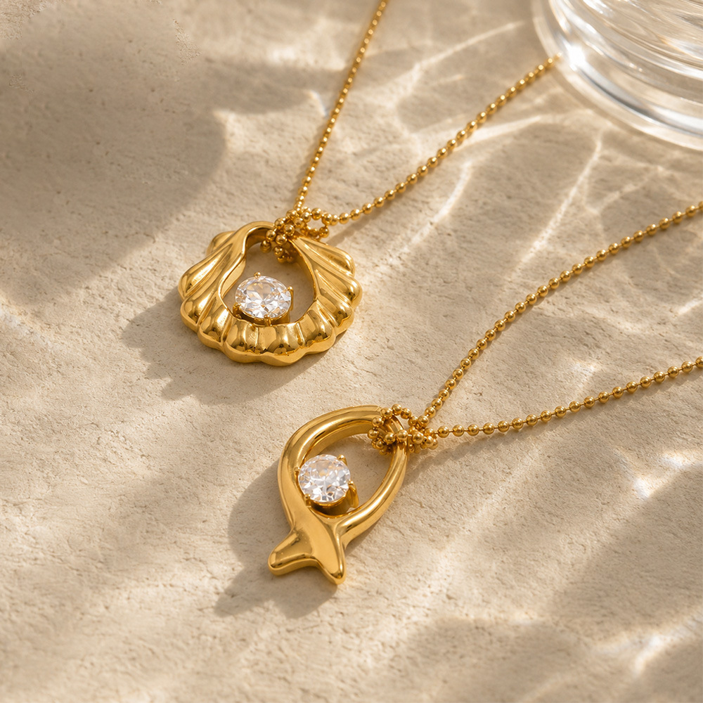 Colliers Pendentifs Pour Femmes En Acier Inoxydable Étanche, En Forme De Coquillage, Couleur Or Et Zircon Image4