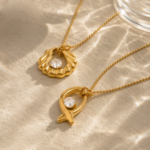 Colliers Pendentifs Pour Femmes En Acier Inoxydable Étanche, En Forme De Coquillage, Couleur Or Et Zircon h5 Image4
