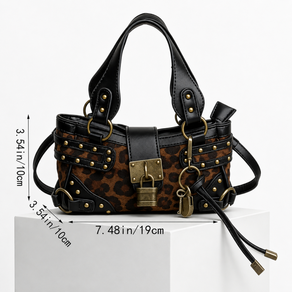Sacs À Main Carrés Pour Femmes En Pu, Style Streetwear, Avec Quincaillerie Métallique, Patchwork Imprimé Clouté Et Imprimé Léopard, Fermoir À Rivets. 