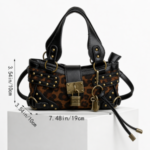 Sacs À Main Carrés Pour Femmes En Pu, Style Streetwear, Avec Quincaillerie Métallique, Patchwork Imprimé Clouté Et Imprimé Léopard, Fermoir À Rivets. h5 
