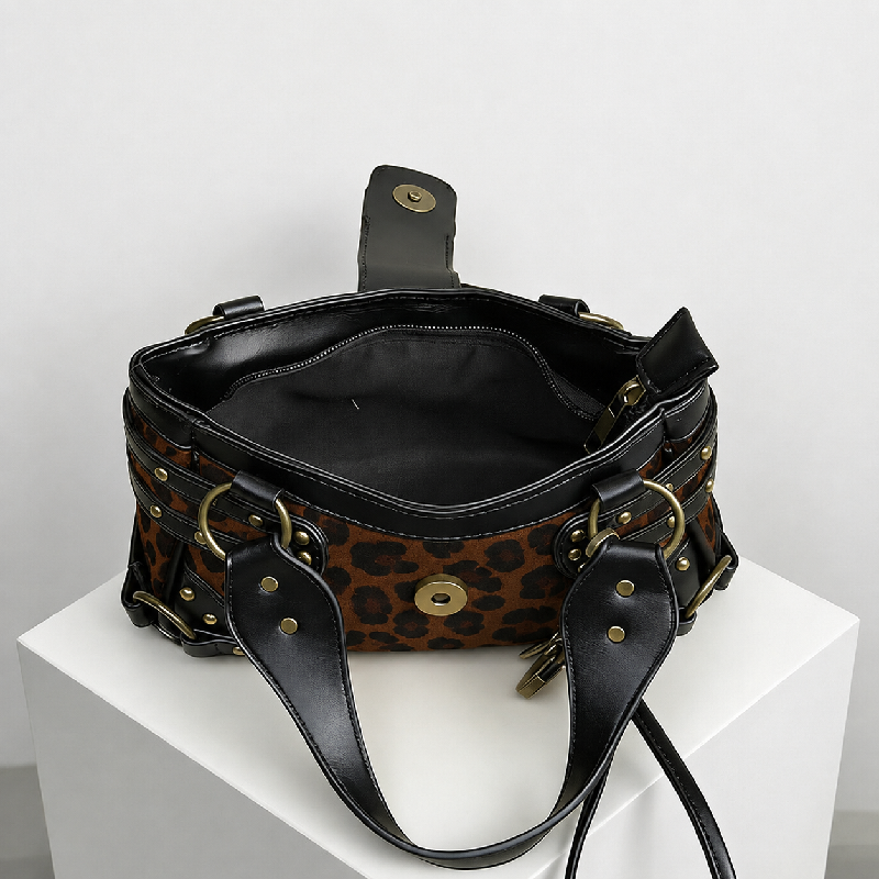 Sacs À Main Carrés Pour Femmes En Pu, Style Streetwear, Avec Quincaillerie Métallique, Patchwork Imprimé Clouté Et Imprimé Léopard, Fermoir À Rivets. Image3