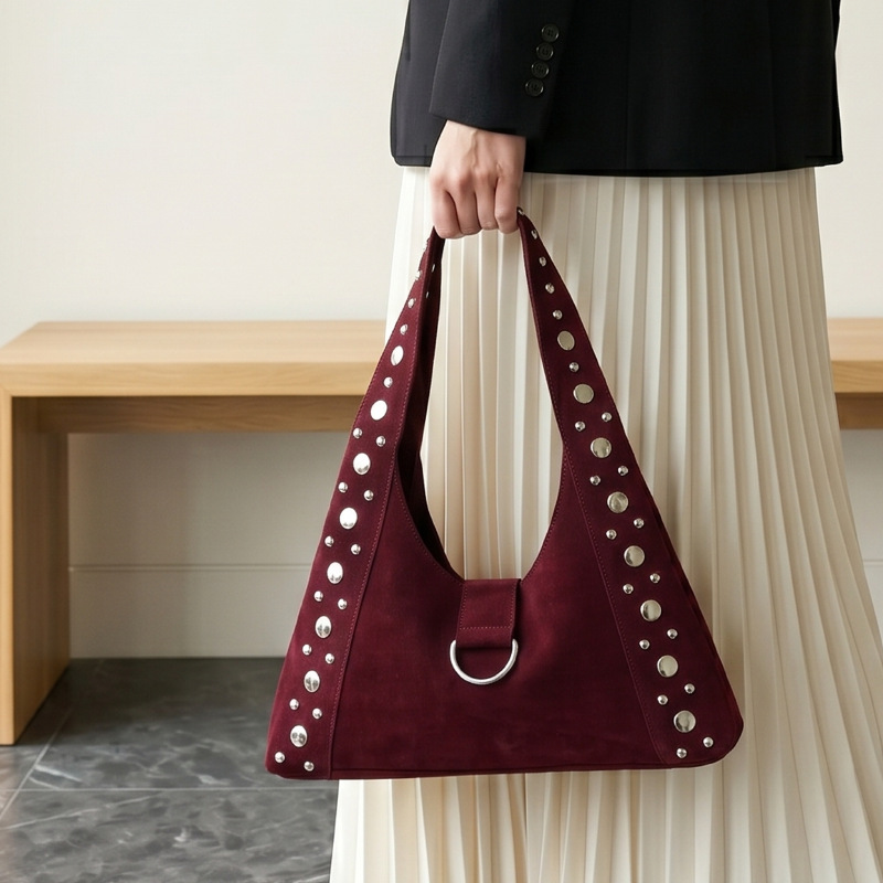 Sacs Bandoulière Femme Style Décontracté Avec Détails Métalliques, Clous Et Rivets En Daim Uni h5Image5