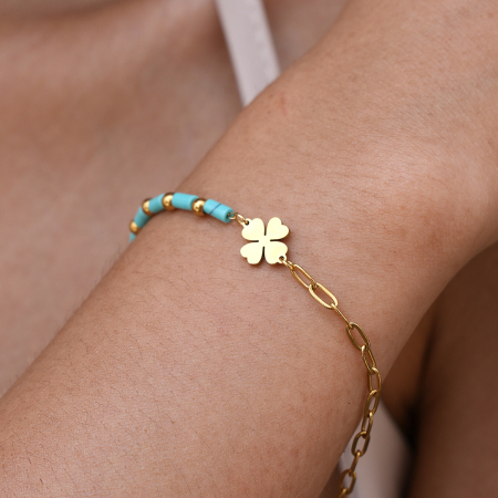 Bracelet Chaîne Femme Daily Clover En Acier Inoxydable, Étanche, Couleur Or, Orné De Pierres Naturelles, Collection Romantique
