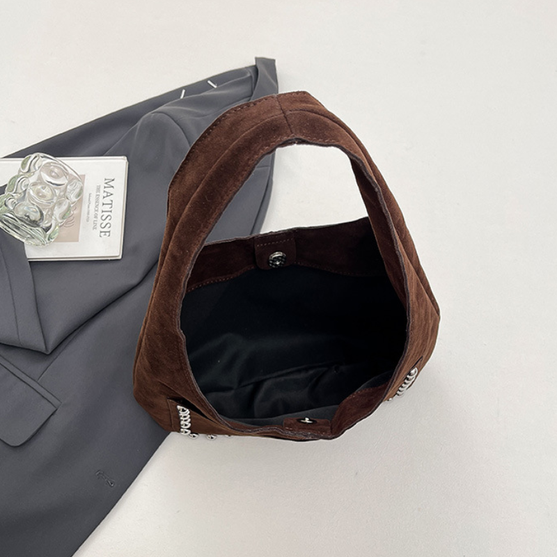 Sacs À Bandoulière Ronds Pour Femmes En Daim Uni À Rivets Et Style Décontracté h5Image8