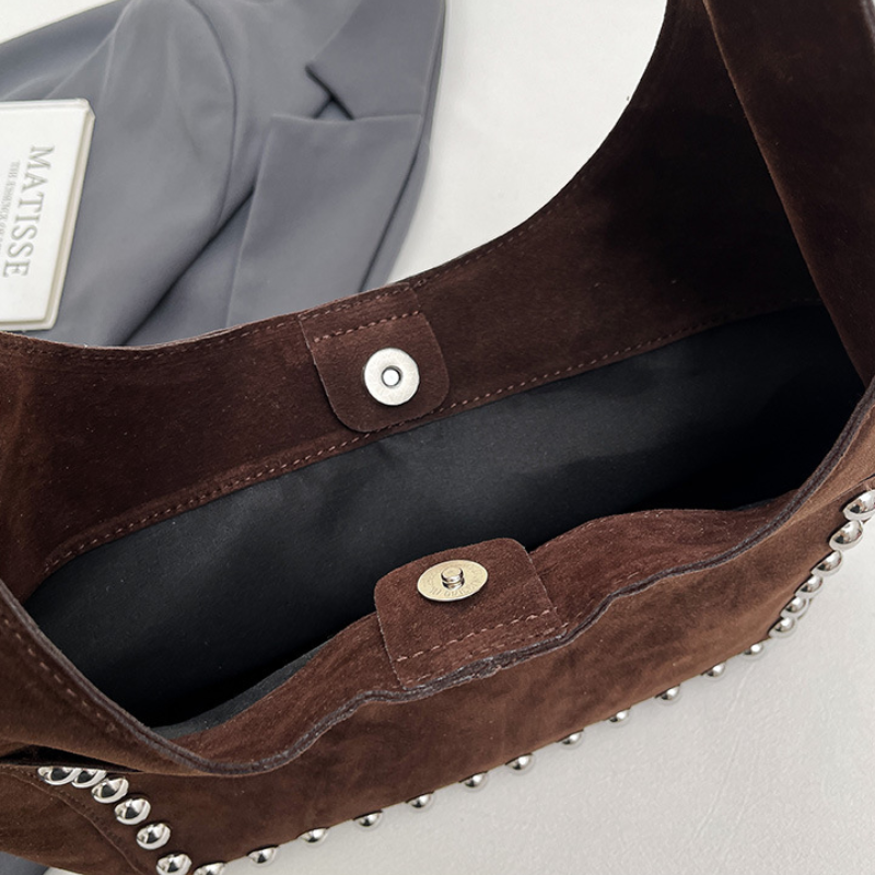 Sacs À Bandoulière Ronds Pour Femmes En Daim Uni À Rivets Et Style Décontracté h5Image6